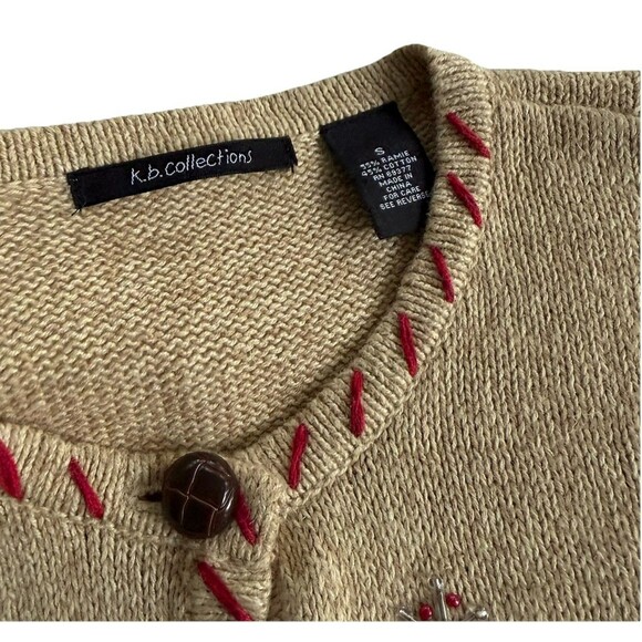 Tan Winter Mittens Snowflake Xmas Sweater Cardigan Ugly Christmas Beads Sz S - Picture 5 of 7